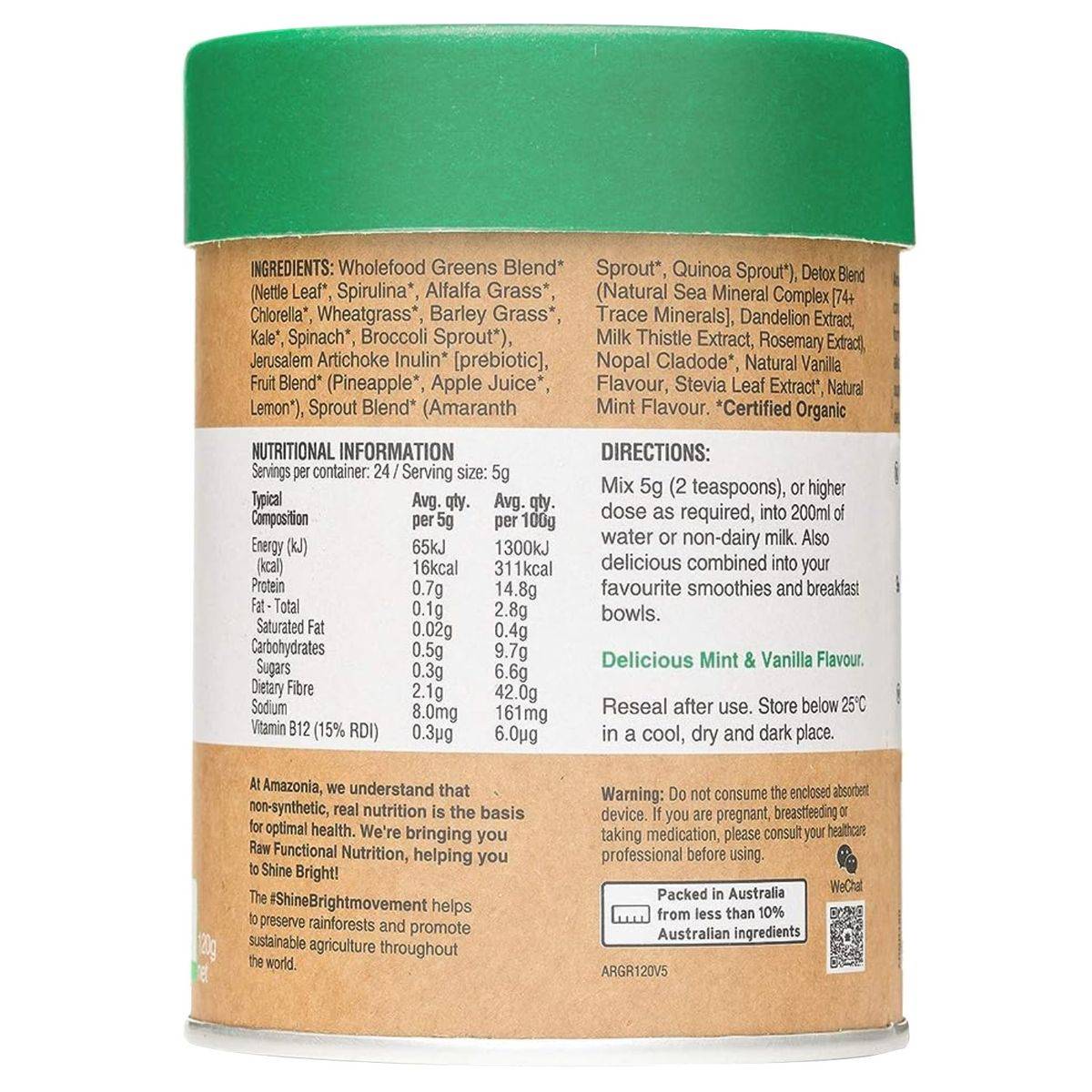 Amazonia RAW Prebiotic Greens Mint Vanilla 120g - Image 3