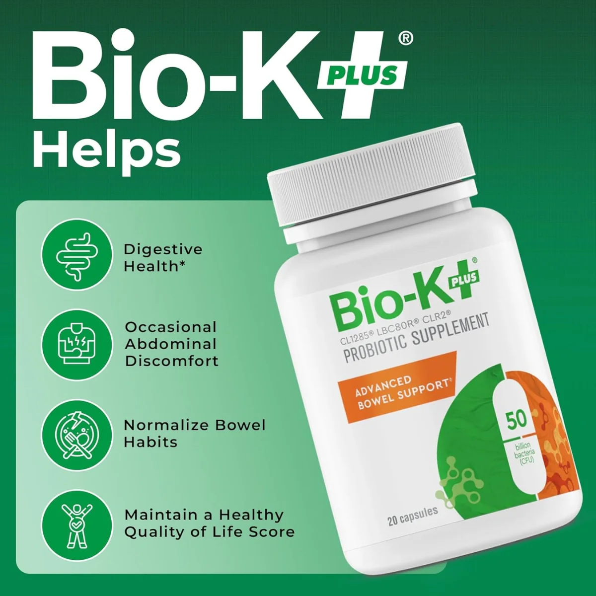 Bio-K Plus Probiotic Advanced Bowel Support 20 Capsules - Image 3