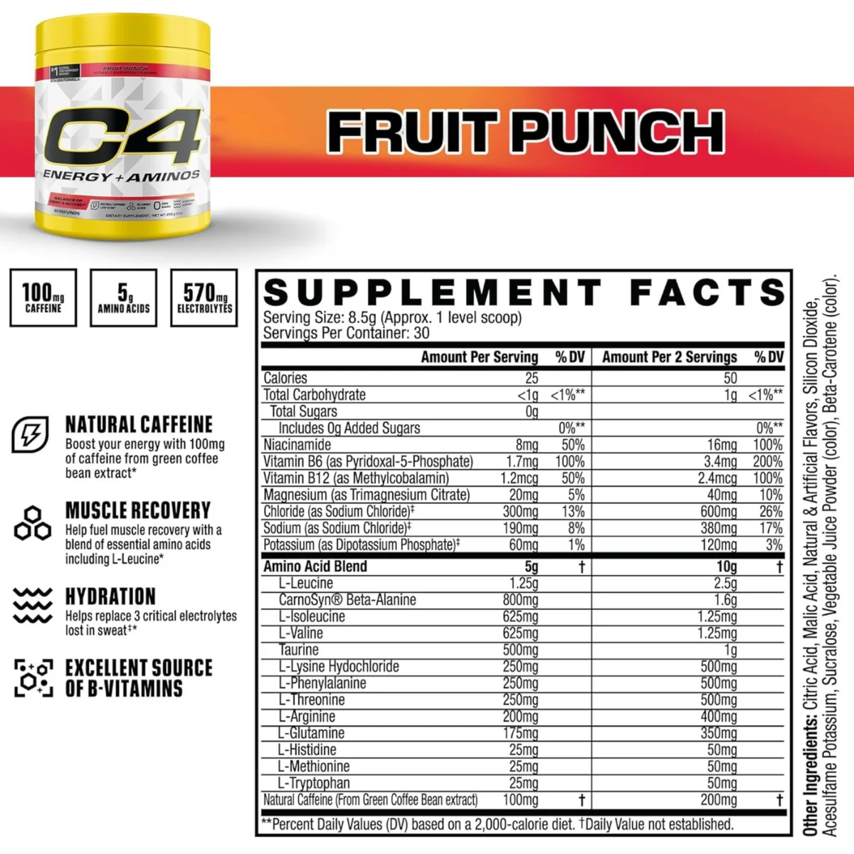 Cellucor C4 Energy + Aminos Pre Workout Powder Fruit Punch 30 Serves 255g - Image 2