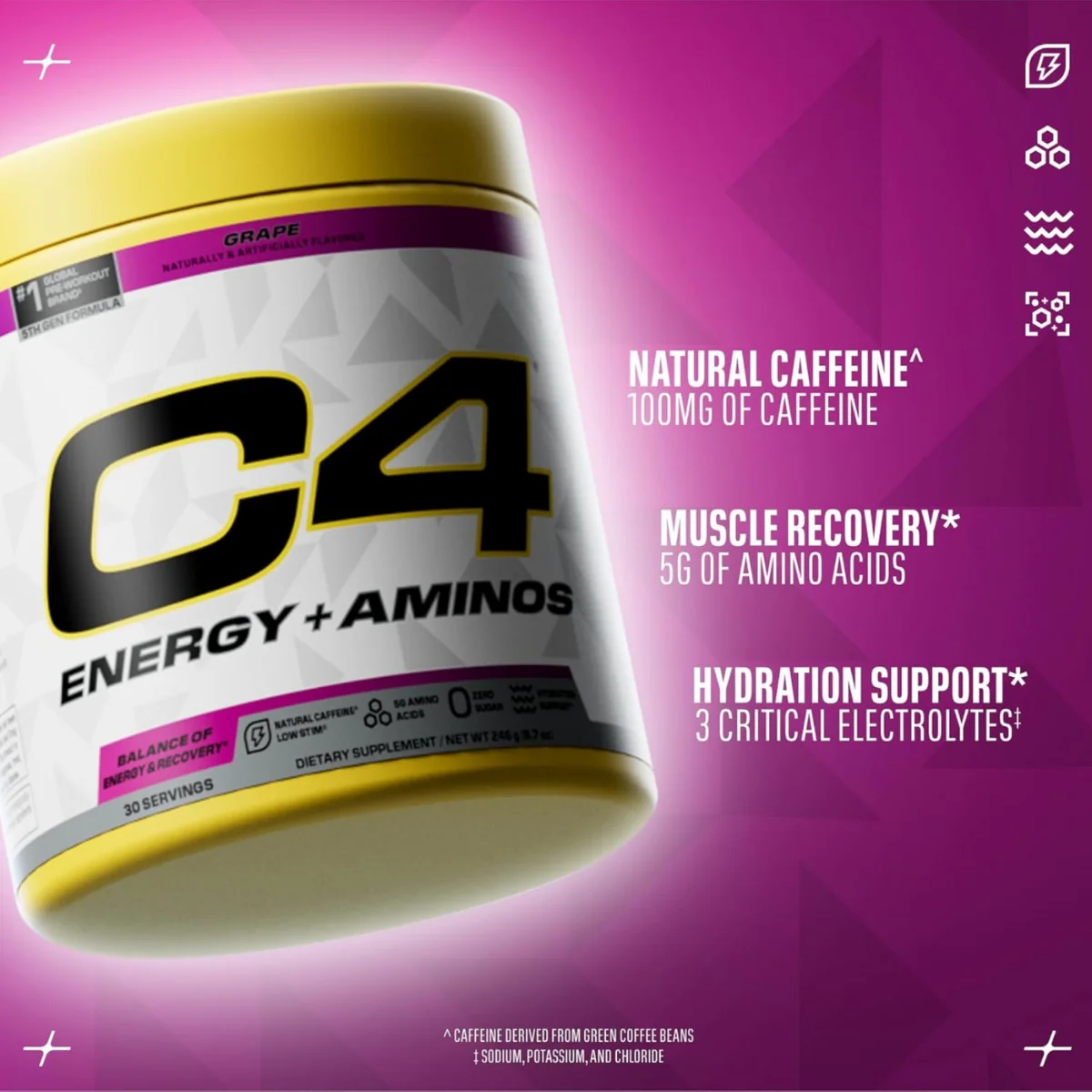 Cellucor C4 Energy + Aminos Pre Workout Powder Grape 30 Serves 255g - Image 2