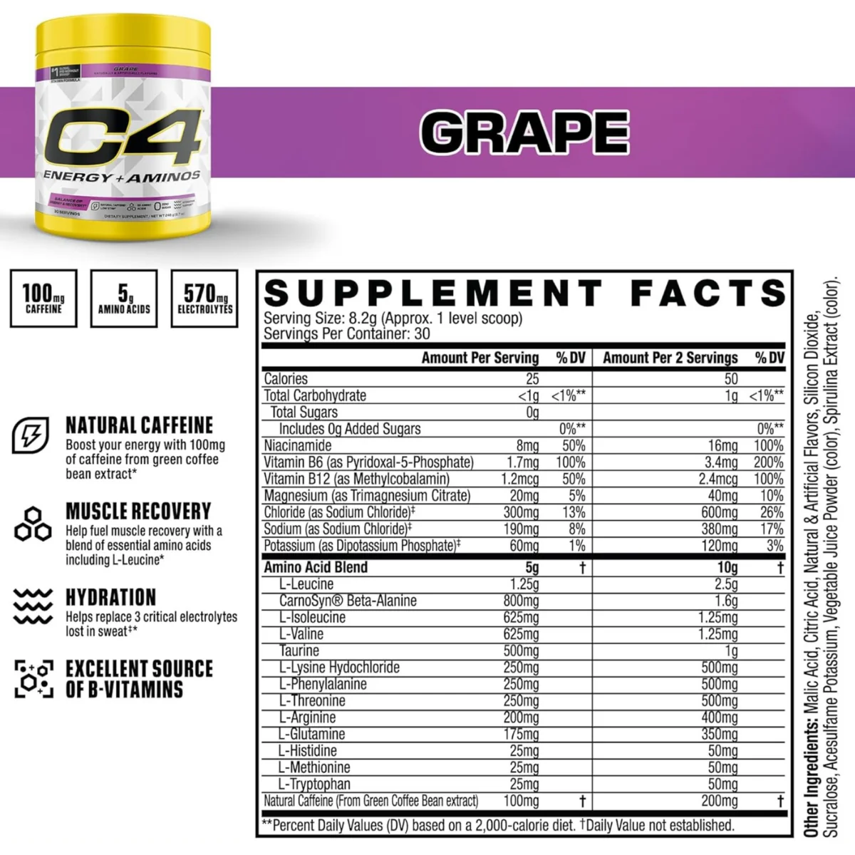 Cellucor C4 Energy + Aminos Pre Workout Powder Grape 30 Serves 255g - Image 3