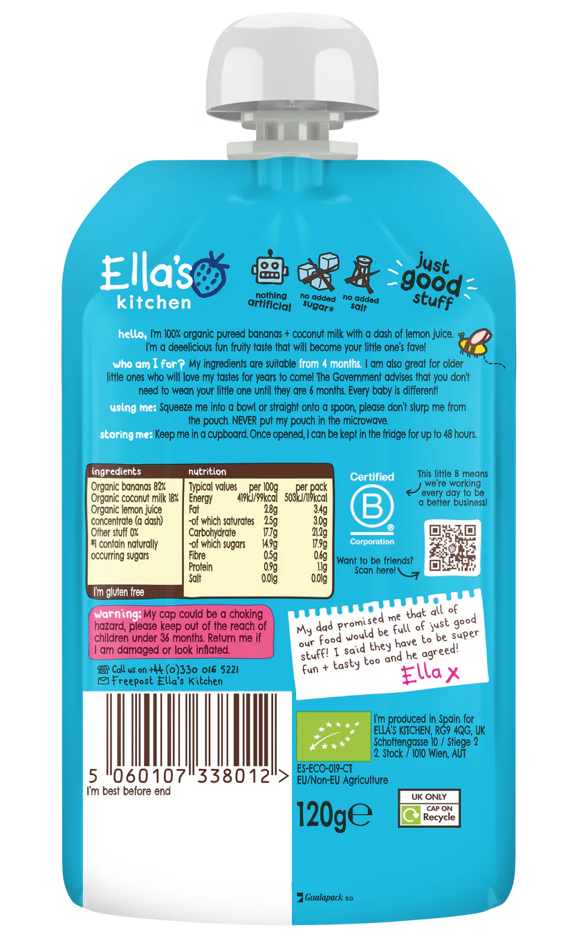 Ellas Kitchen Organic Puree 4+ Months Bananas + Coconut 120g - Image 2