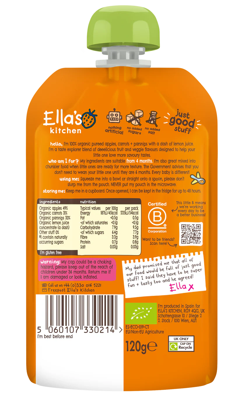 Ellas Kitchen Organic Puree 4+ Months Carrots Apples + Parsnip 120g - Image 2