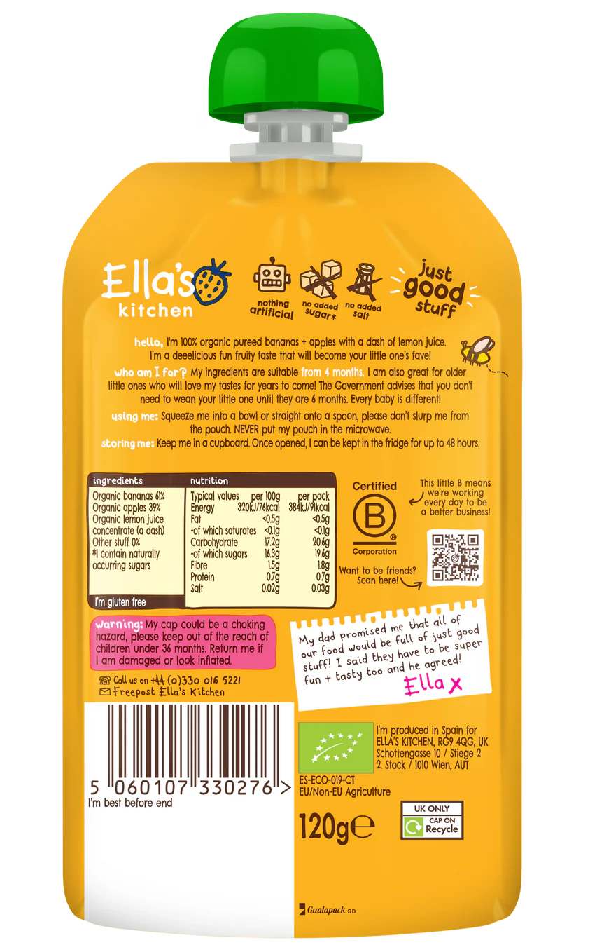 Ellas Kitchen Organic Puree 4+ Months Organic Puree Apples + Bananas 120g - Image 2