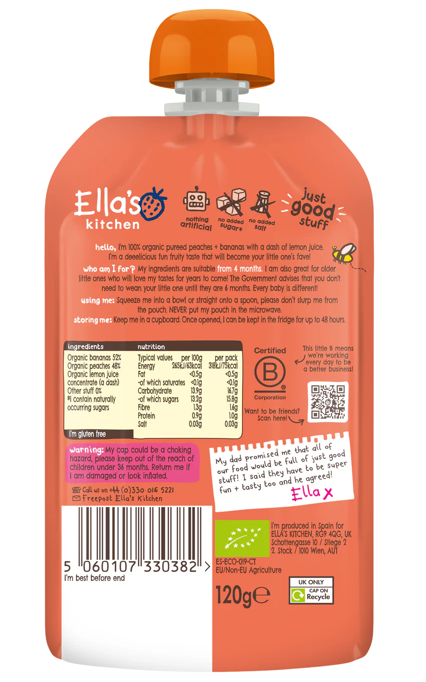 Ellas Kitchen Organic Puree 4+ Months Organic Puree Peaches + Bananas 120g - Image 2