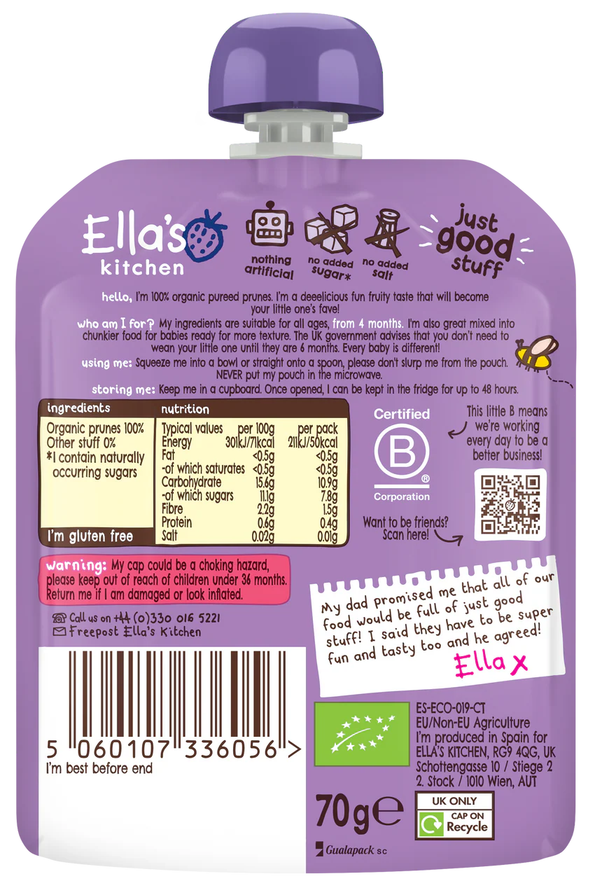 Ellas Kitchen Organic Puree 4+ Months Prunes 70g - Image 2