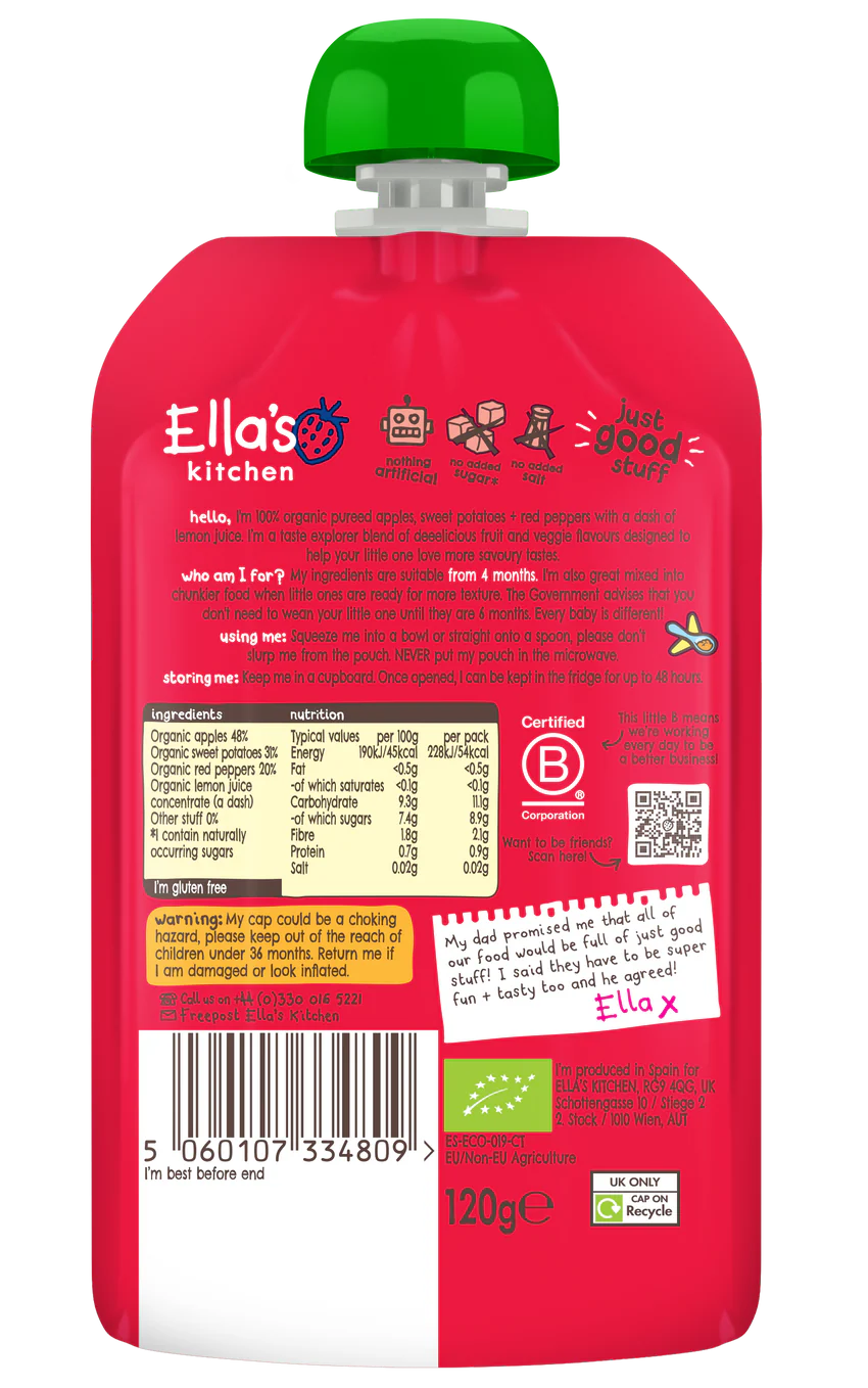 Ellas Kitchen Organic Puree 4+ Months Red Peppers Sweet Potatoes + Apples 120g - Image 2