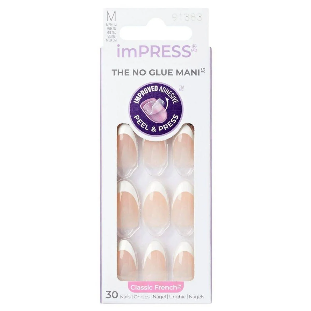 Kiss False Nails IFC03C Impress The No Glue Mani Everlasting Classic French Medium 30 Count