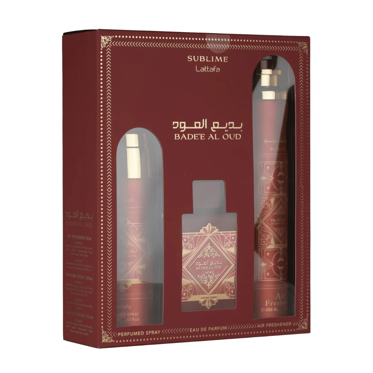 Lattafa Bade'e Al Oud Sublime Eau de Parfum 100ml + Perfumed Spray 200ml + Air Freshener 300ml Gift Set - Image 2