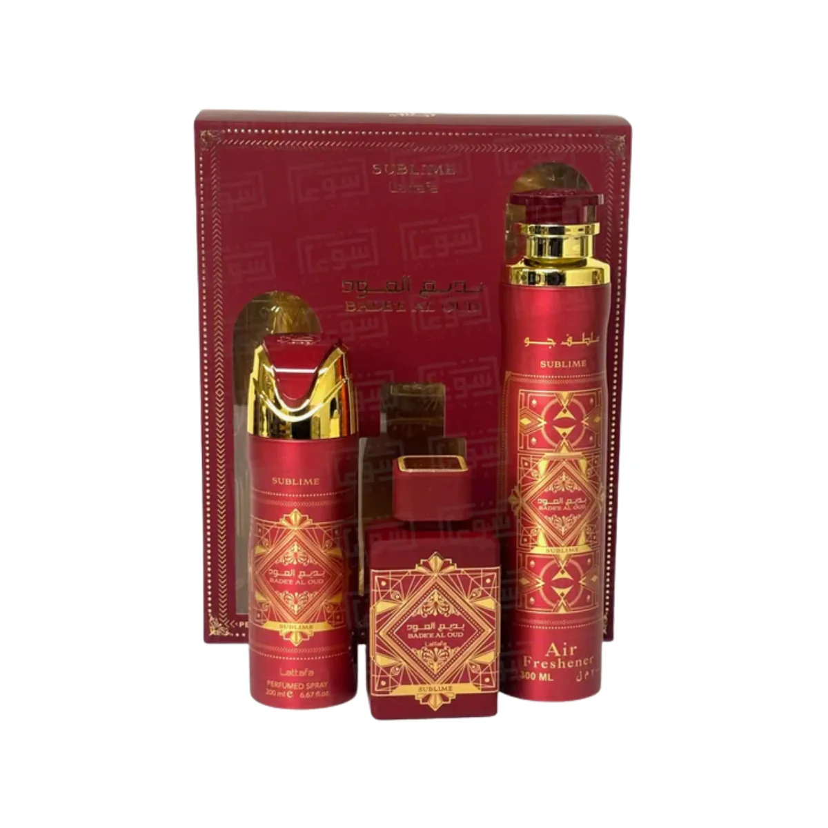 Lattafa Bade'e Al Oud Sublime Eau de Parfum 100ml + Perfumed Spray 200ml + Air Freshener 300ml Gift Set - Image 3