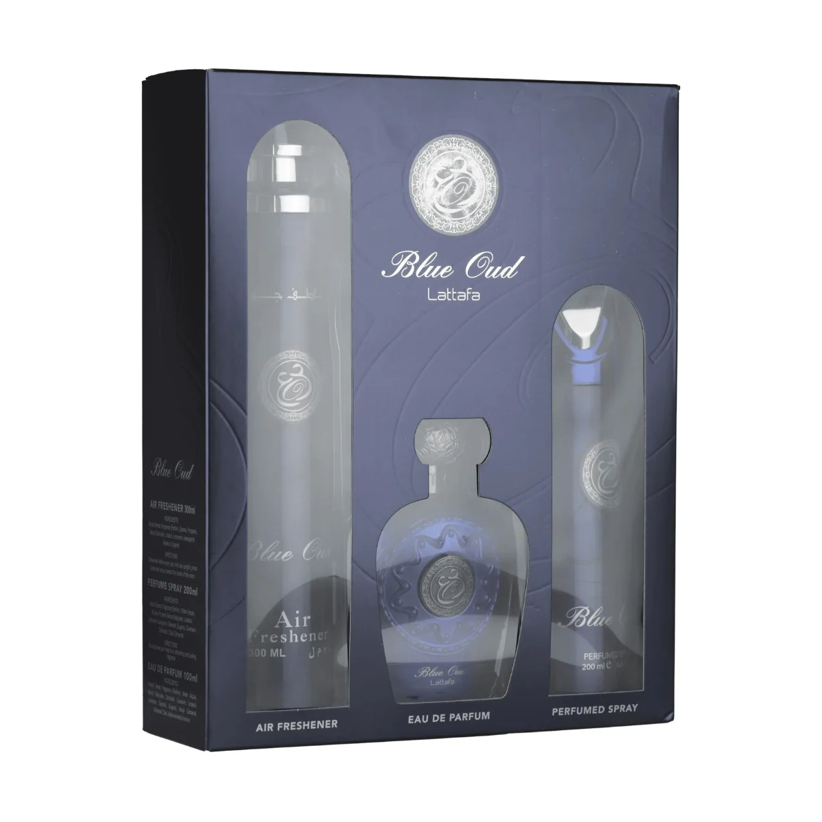 Lattafa Blue Oud Eau de Parfum 100ml + Perfumed Spray 200ml + Air Freshener 300ml Gift Set