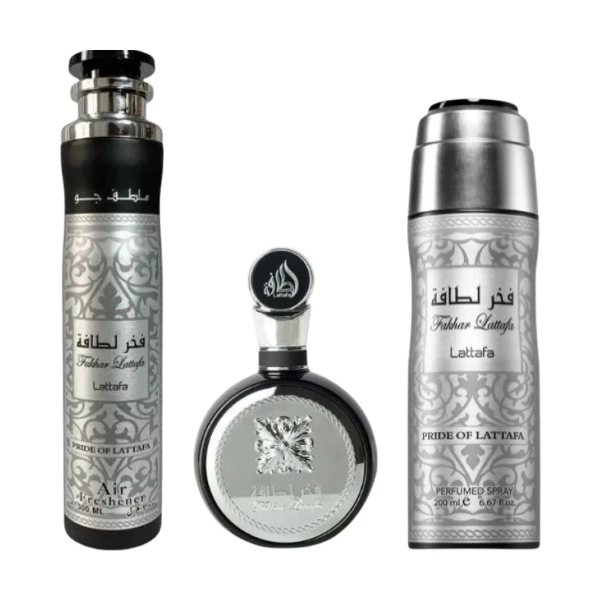 Lattafa Fakhar Eau de Parfum 100ml + Perfumed Spray 200ml + Air Freshener 300ml Gift Set