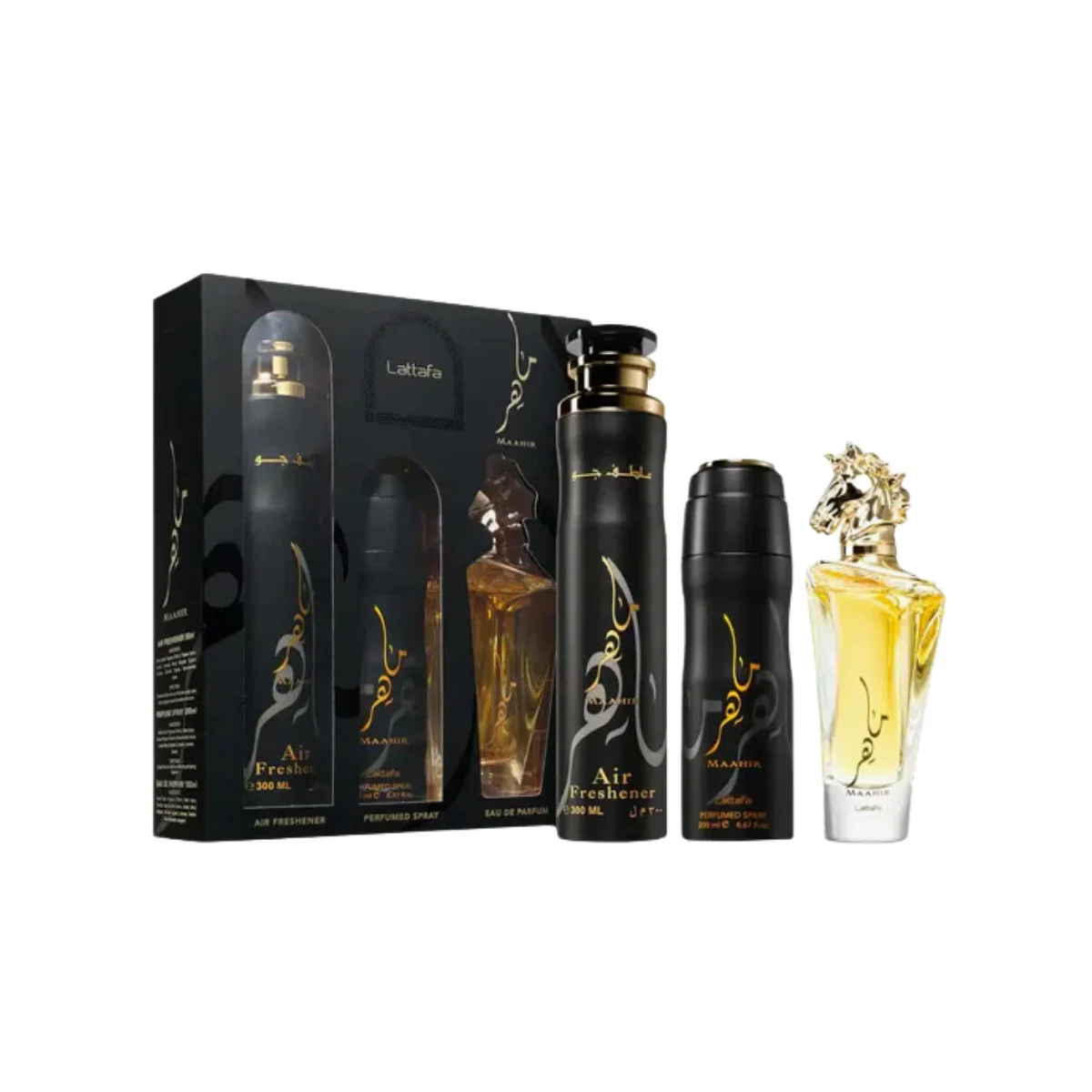 Lattafa Maahir Gold Eau de Parfum 100ml + Perfumed Spray 200ml + Air Freshener 300ml Gift Set - Image 2