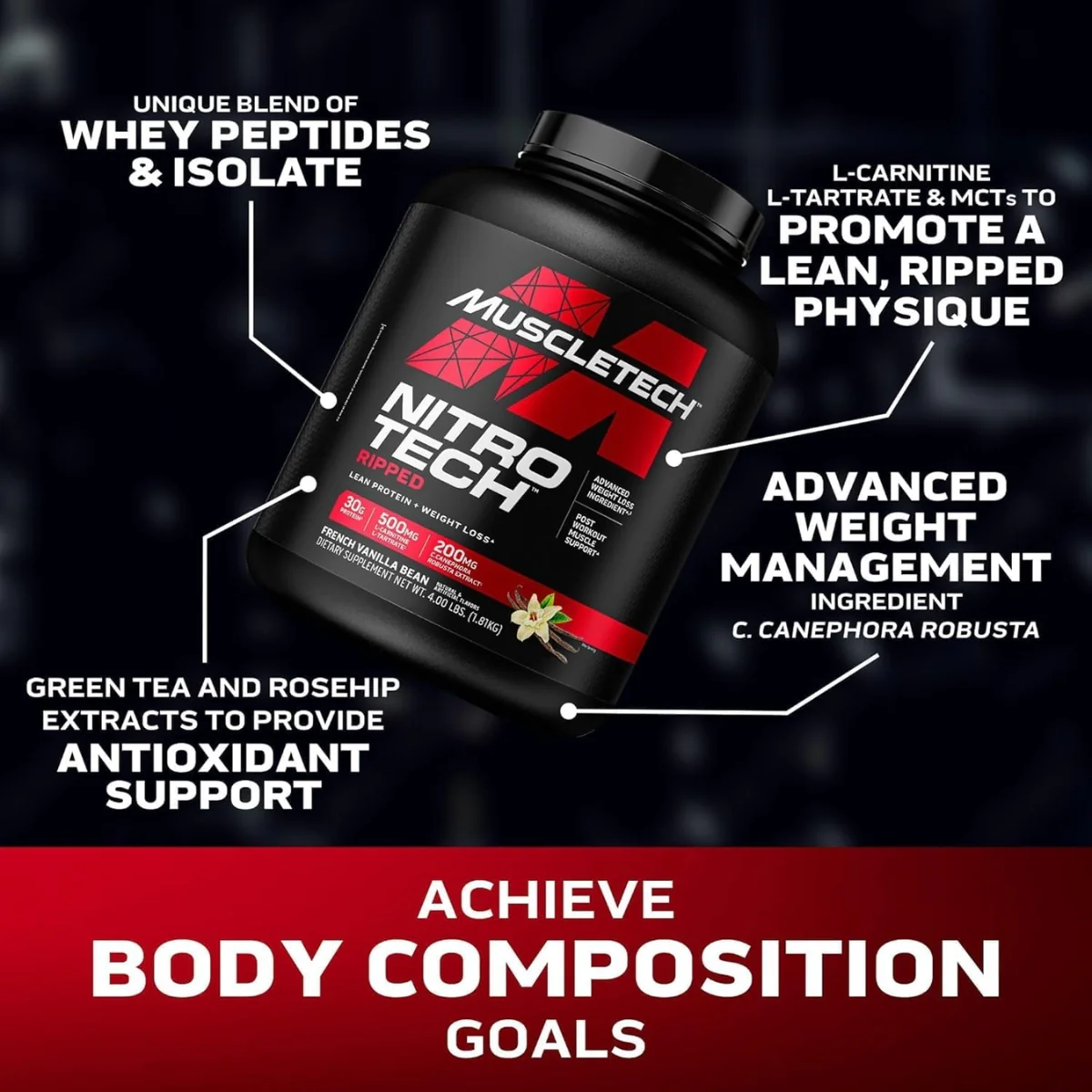 MuscleTech Nitro Tech Ripped Whey Protein Vanilla Bean 1.81kg - Image 3