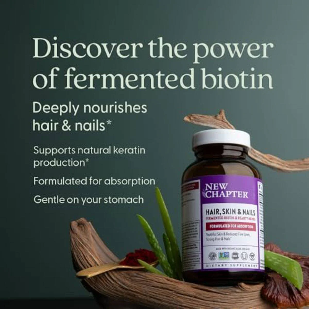 New Chapter Hair Skin & Nails Fermented Biotin & Beauty Herbs 60 Capsules - Image 3