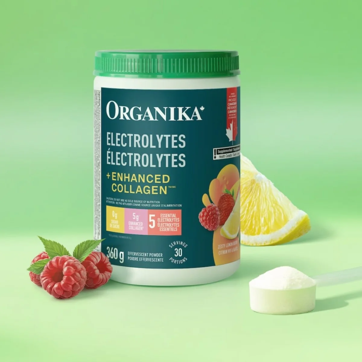 Organika Electrolytes + Enhanced Collagen Zesty Lemon Berry 360g Effervescent Powder - Image 3