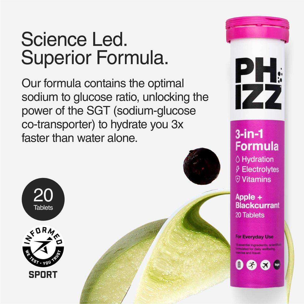 Phizz Daily 3-In-1 Hydration Electrolytes & Vitamins 20 Effervescent Tablets Apple & Blackcurrant - Image 5