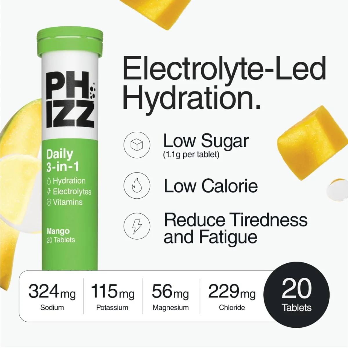 Phizz Daily 3-In-1 Hydration Electrolytes & Vitamins 20 Effervescent Tablets Mango - Image 3