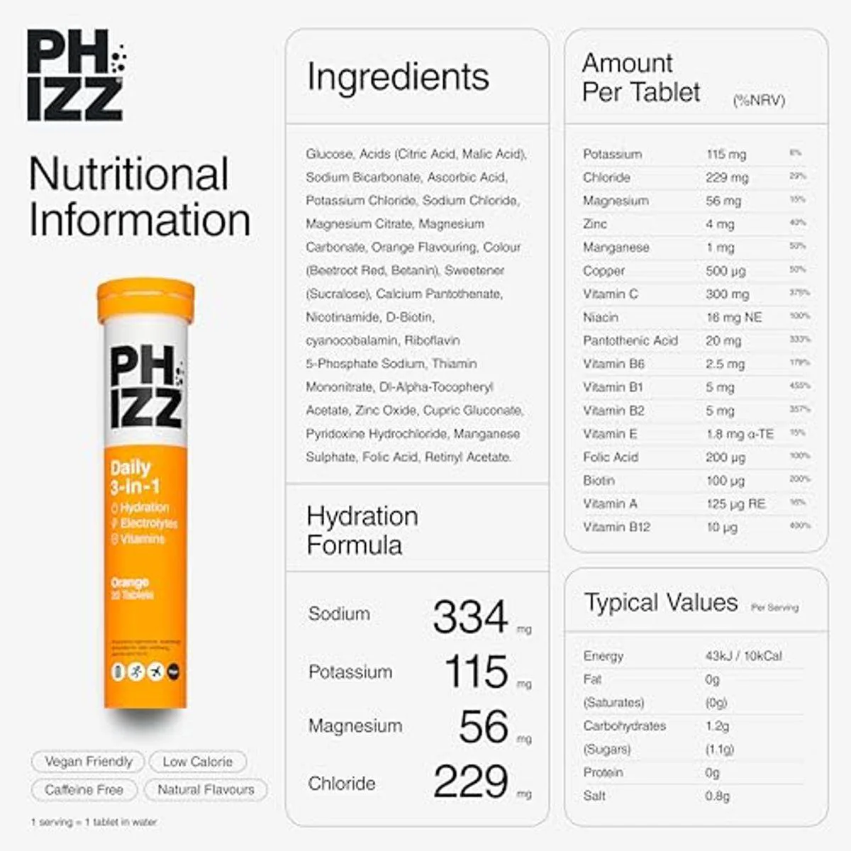 Phizz Daily 3-In-1 Hydration Electrolytes & Vitamins 20 Effervescent Tablets Orange - Image 6