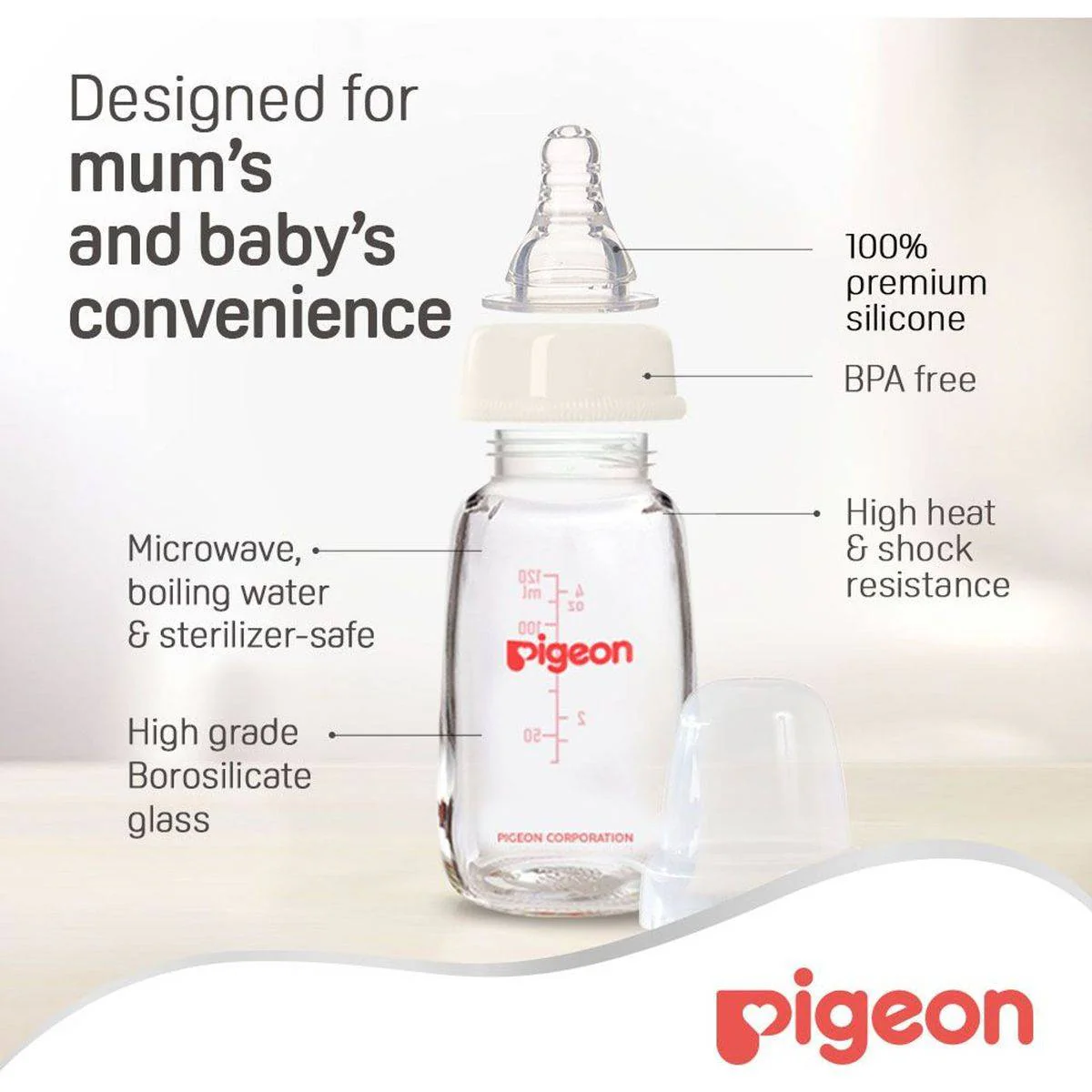 Pigeon Glass Feeding Bottle Transparent Cap 120ml - Image 2