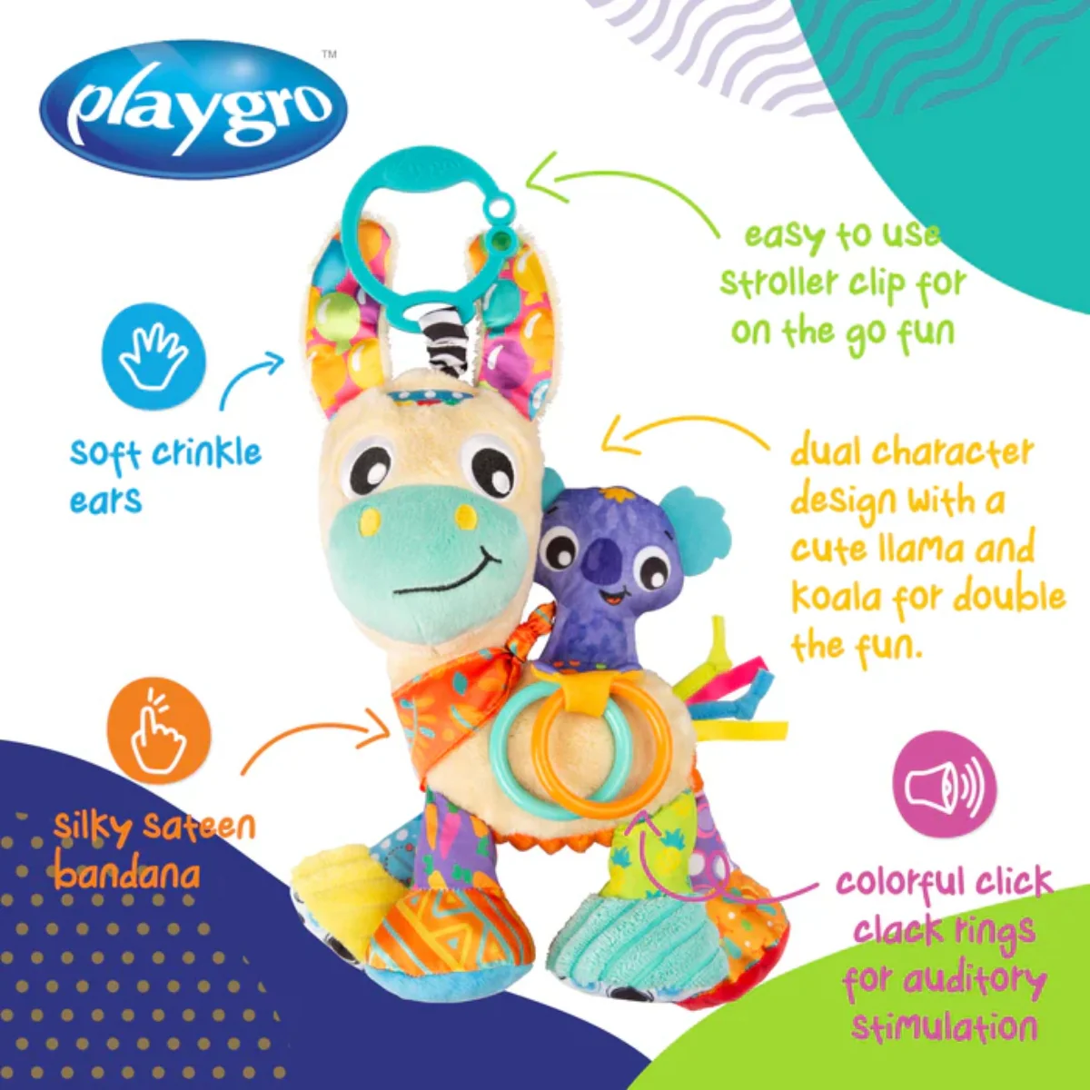 Playgro On The Go Activity Friend Lupe Llama 0 Month+ Clip-On Toy - Image 4