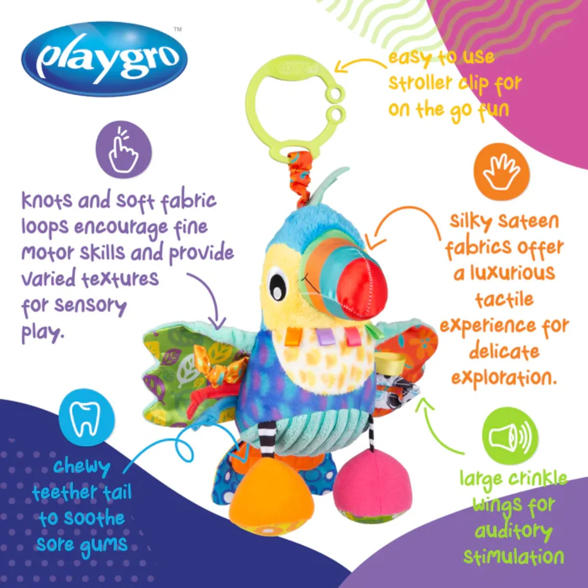 Playgro On The Go Activity Friend Tamika Toucan 0 Month+ Clip-On Toy - Image 7