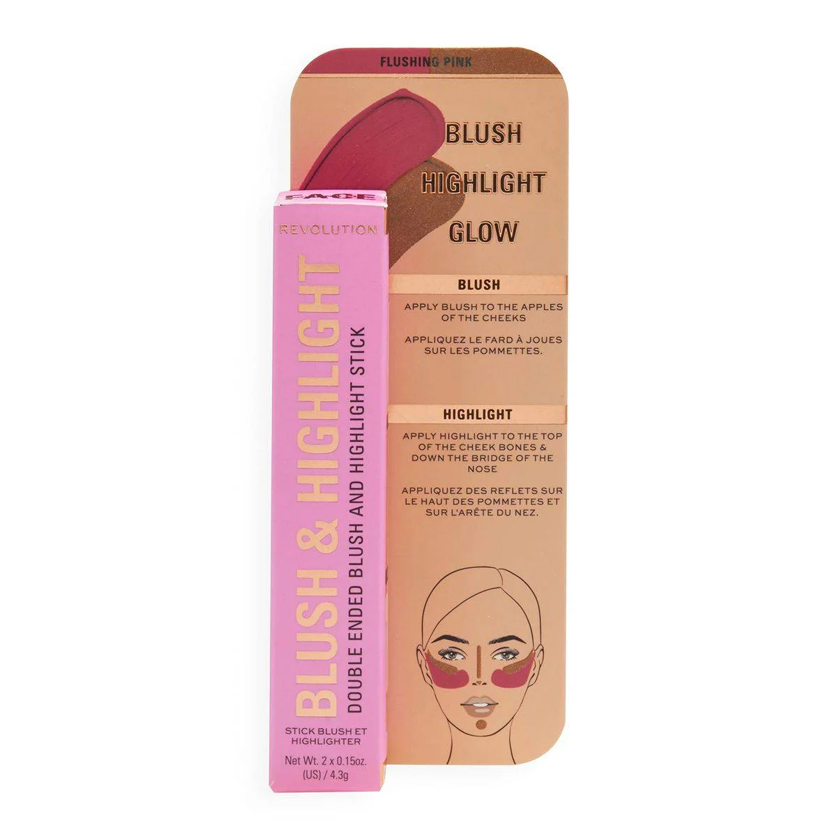Revolution Makeup Blush & Highlight Stick Flushing Pink 4.3g - Image 4