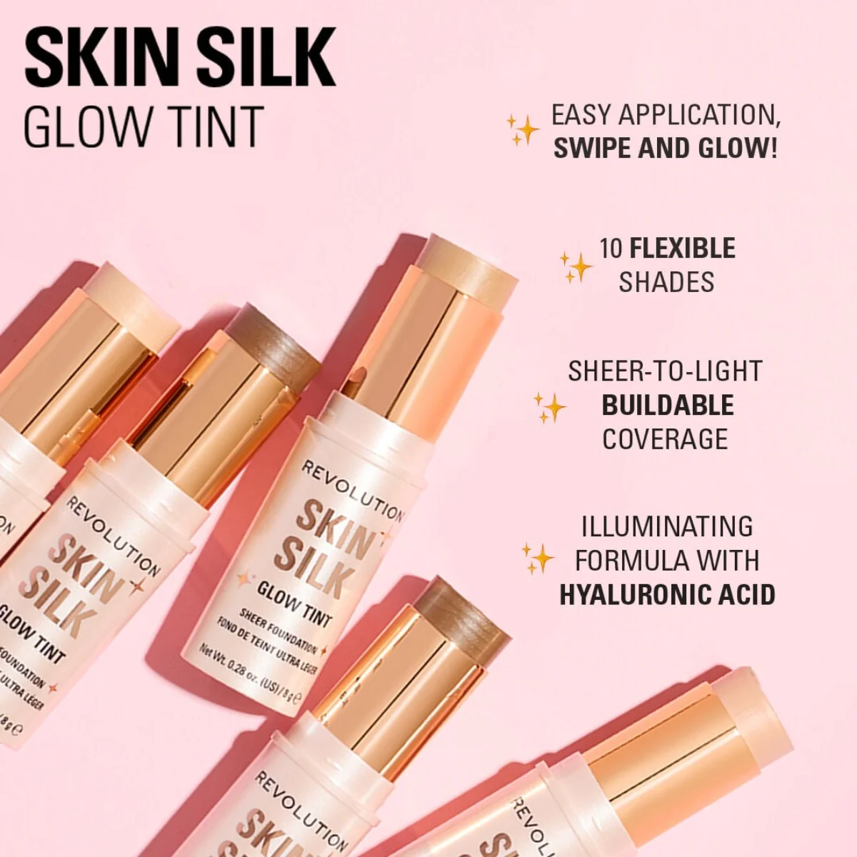Revolution Makeup Skin Silk Glow Tint Sheer Foundation Stick Dark Neutral Warm 8g - Image 4