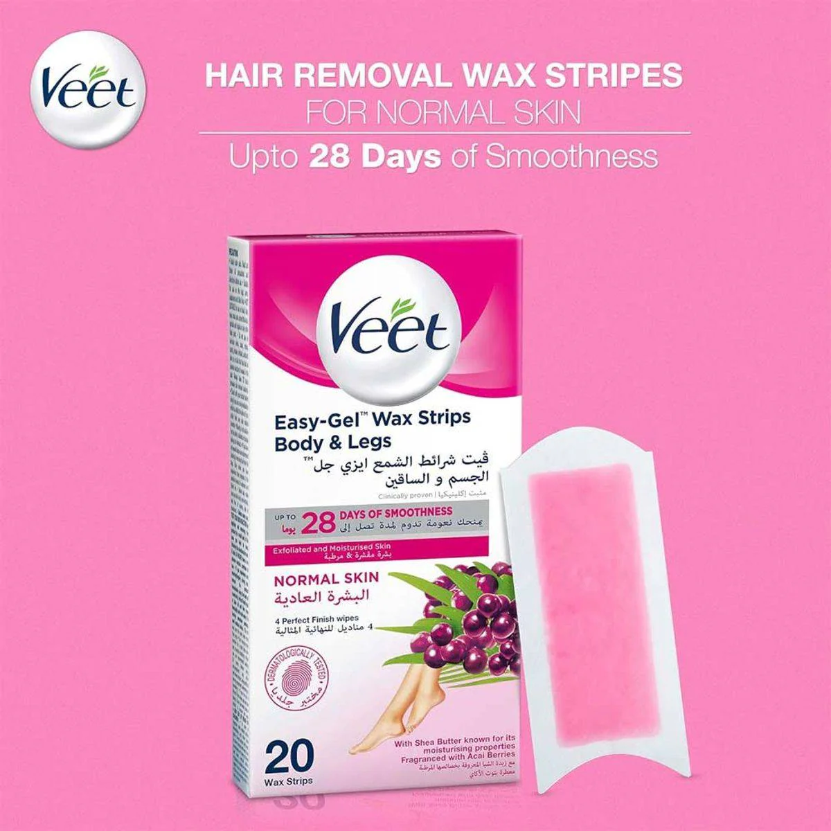 Veet Wax Strips Easy Gel Legs & Body For Normal Skin 20 Strips - Image 3