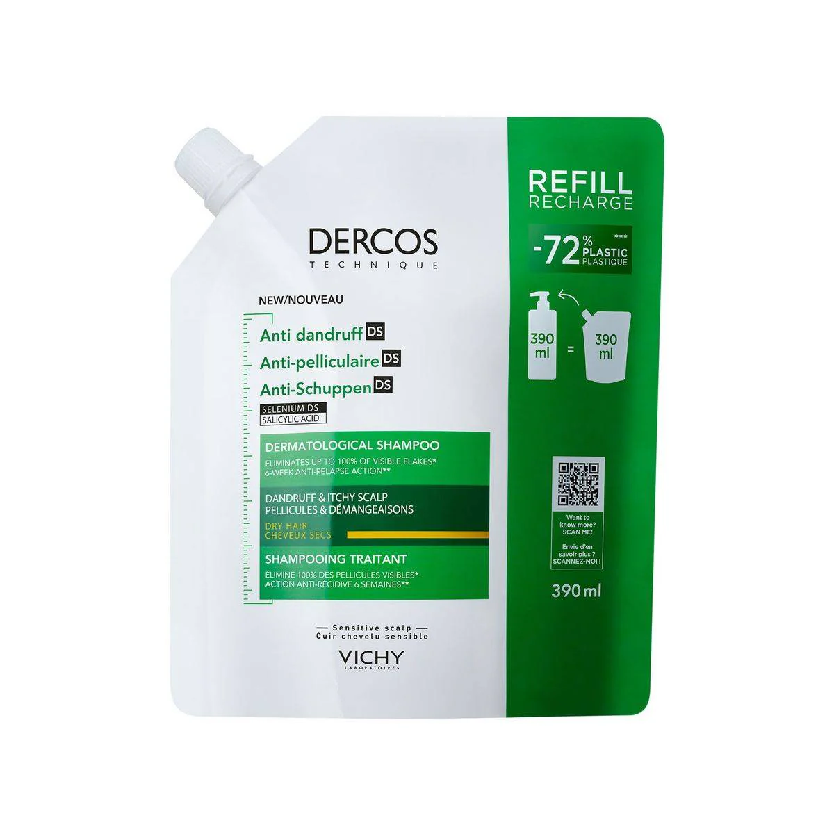 Vichy Dercos Anti-Dandruff DS Shampoo For Dry Hair Refill 390ml - Image 7
